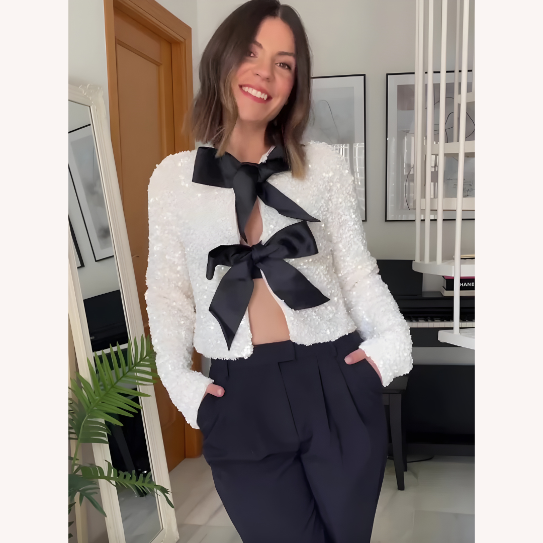 Veste Femme Chic à Nœuds Satinés - Blazer Élégant en Polyester Texturé, Design Ouvert, Idéal pour Soirées et Bureau