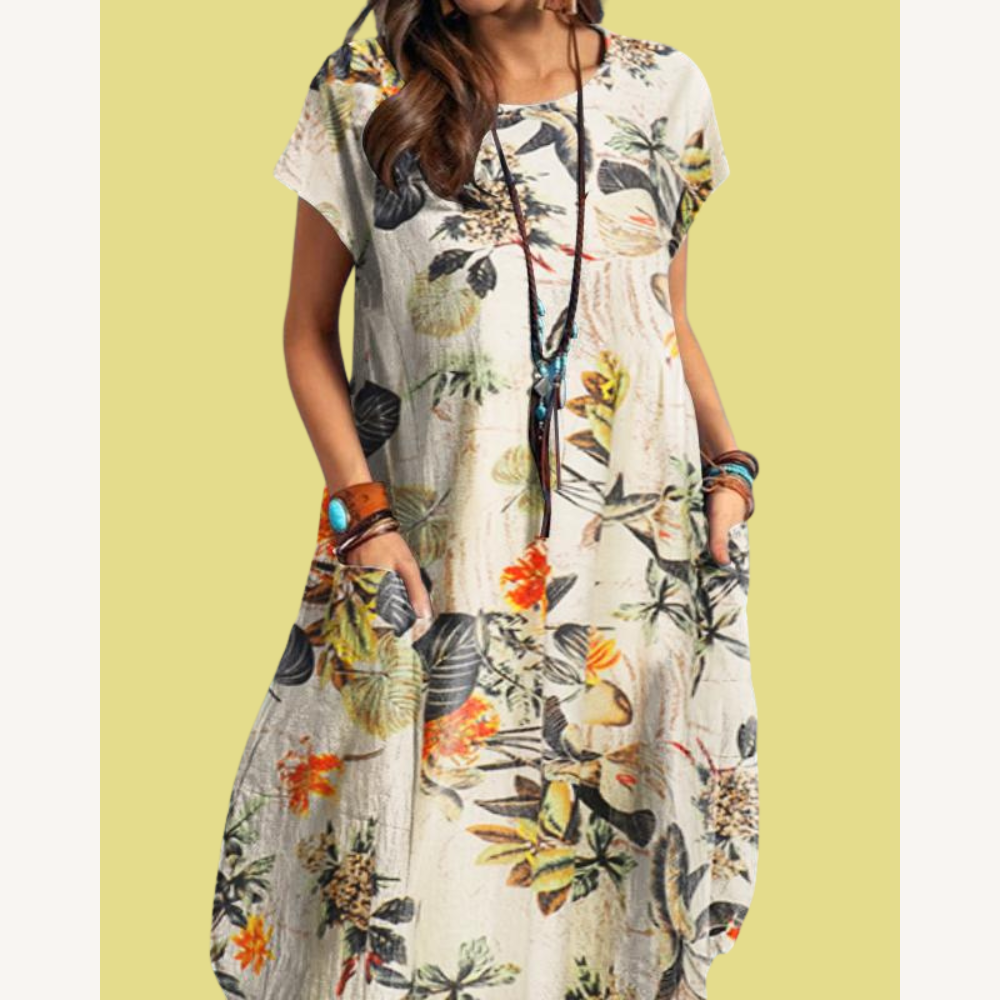 Robe Longue Femme Vintage Florale Confortable – Style Rétro Midi en Coton, Idéale pour Printemps et Été