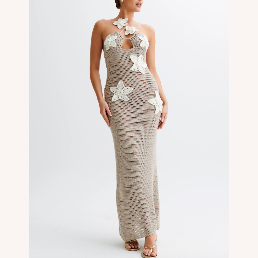 Robe Longue Femme en Crochet Bleu – Élégante Robe Maxi Bohème d'Été avec Détails Flottants