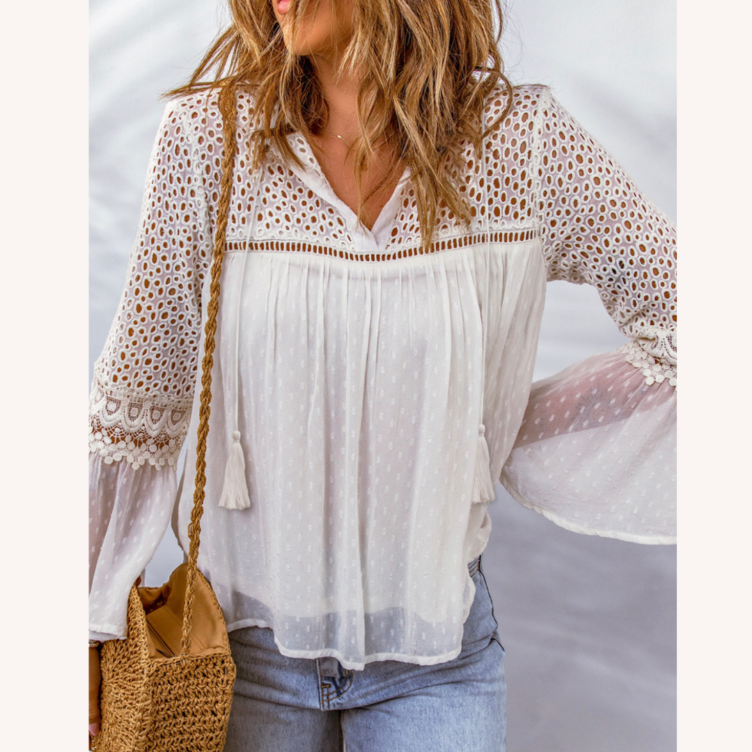 Blouse Femme en Crochet Boho Chic - Tissu Léger et Confortable pour l'Été, Coupe Décontractée, Disponible en S à XL