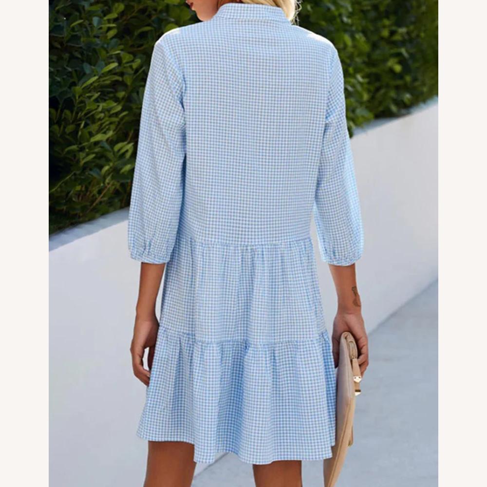 Women's Summer Dress A-Line Cotton with V-Neck and Checkered Pattern – Elegant and Chic