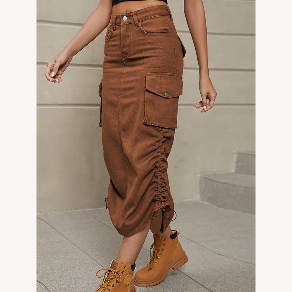 Variant image for Jupe Longue Femme Beige Taille M Mélange de Coton Poches Cargo Ajustable-11