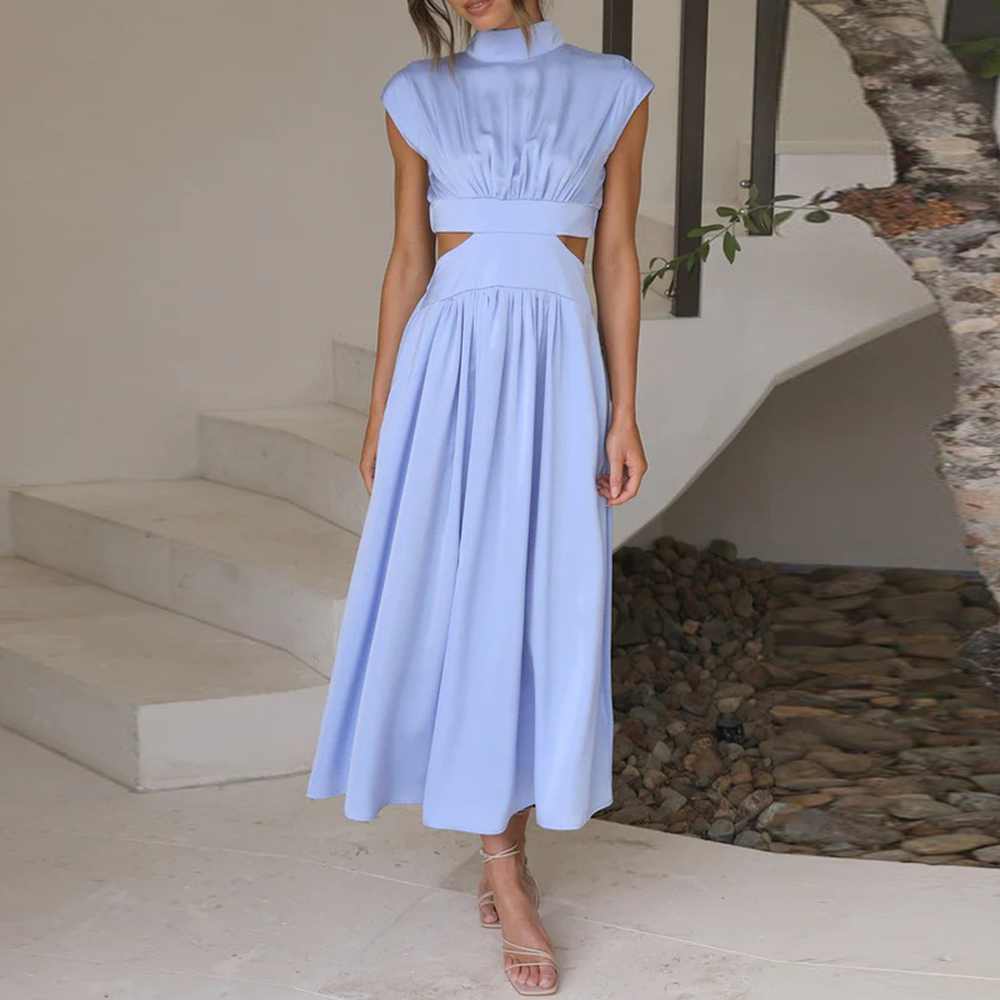 Robe Longue Femme Élégante à Manches Courtes en Polyester avec Fermeture Éclair Invisible - Style Décontracté au Mollet