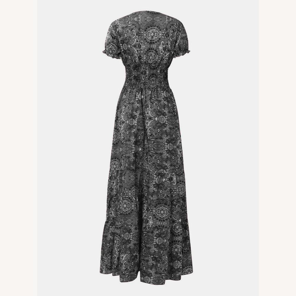 Robe Femme à Manches Courtes Col en V Imprimé Vibrant – Élégance et Confort pour Été