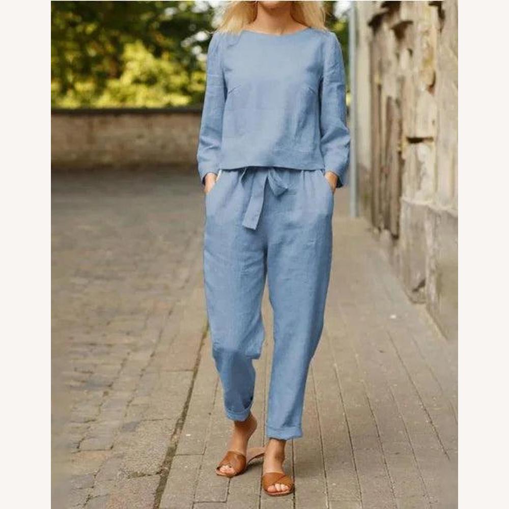 Ensemble Tailleur Femme en Lin Léger - Haut à Manches Longues et Pantalon Taille Haute Chic et Décontracté