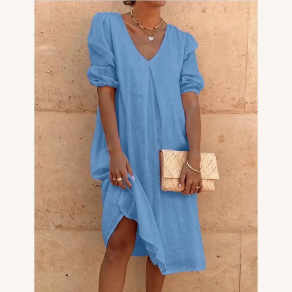 Robe Longue Femme en Lin à Col en V - Élégance Décontractée pour l'Été, Confortable et Légère