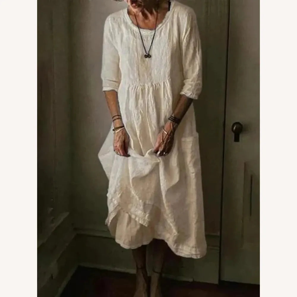 Robe Longue Femme à Col Ras du Cou en Lin Mélangé, Élégante et Confortable, Manches 3/4 – Idéale pour Printemps et Été