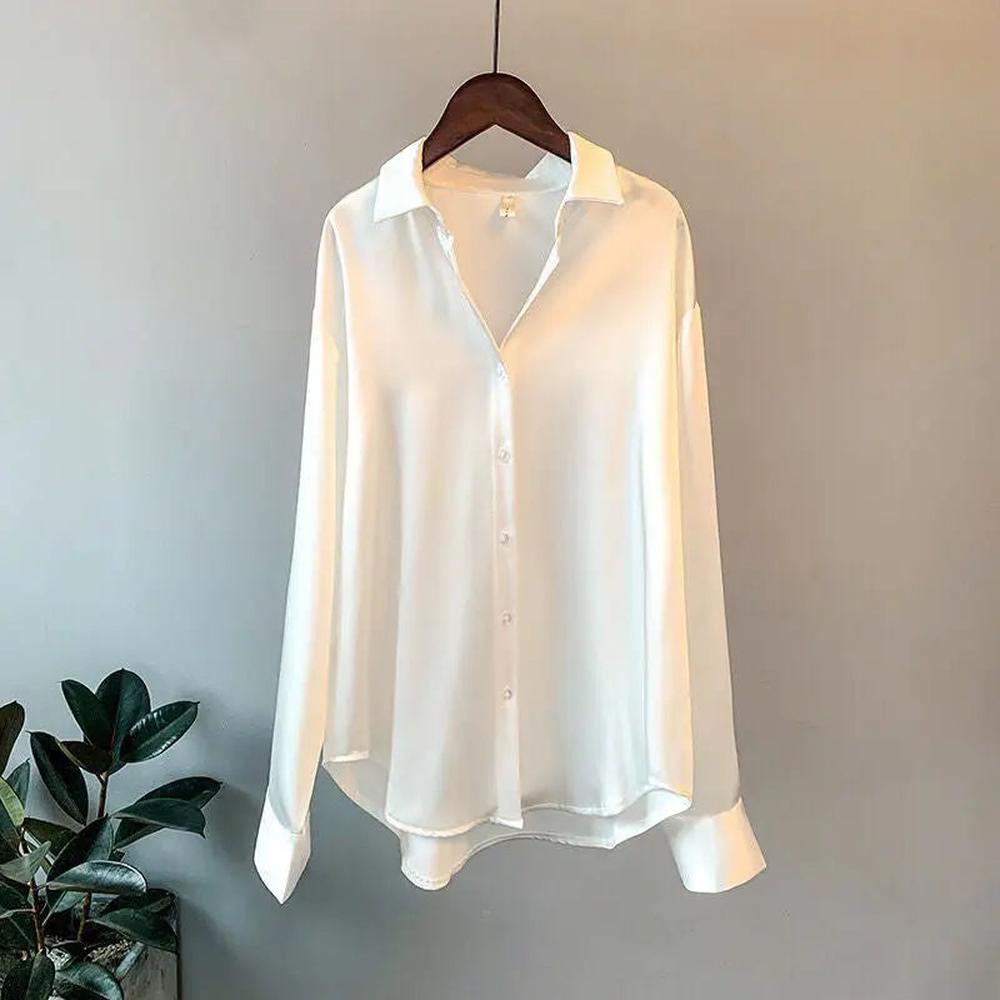 Elegant Women's White Silk Satin Blouse with Long Sleeves and Classic Collar - Chic Blouse for All Occasions