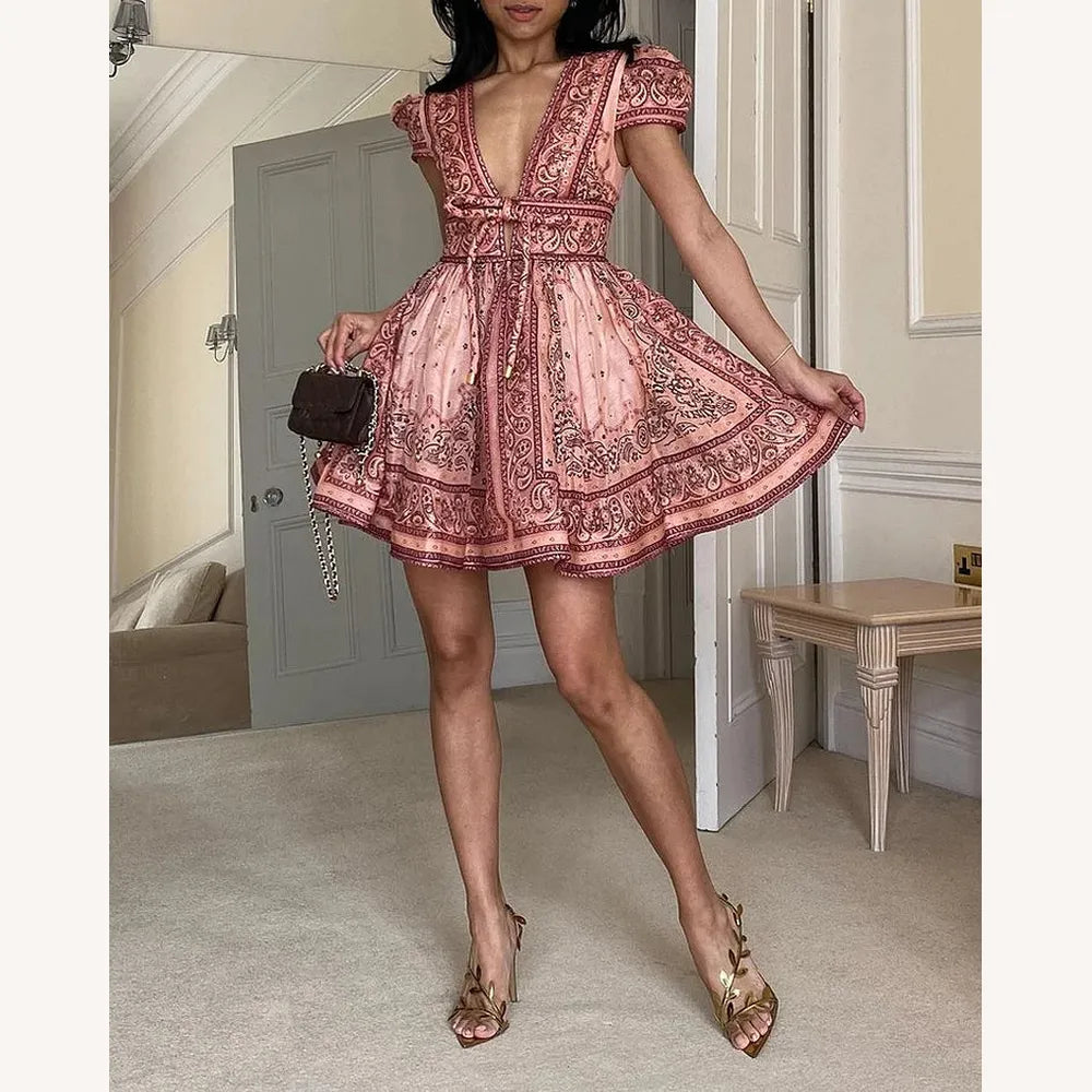 Robe Femme Mini Bohème à Fleurs avec Manches Bouffantes et Décolleté en V – Élégance Aérienne pour Toutes Occasions