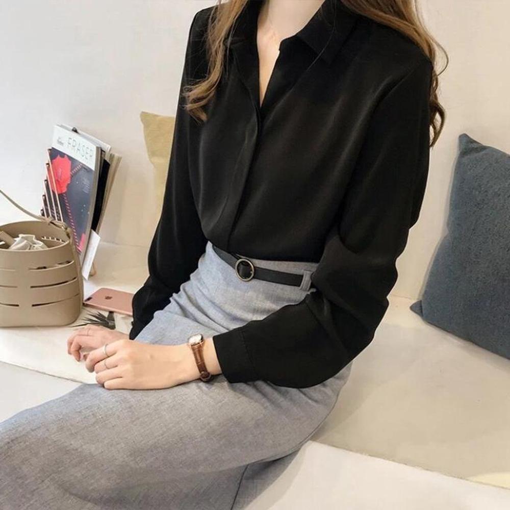 Classic White Women's Long Sleeve Shirt in Polyester – Elegant and Chic for the Office