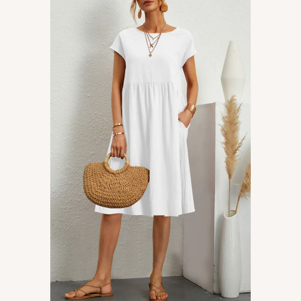 Robe Femme Décontractée à Manches Courtes en Patchwork Uni – Silhouette Trapèze Élégante en Coton