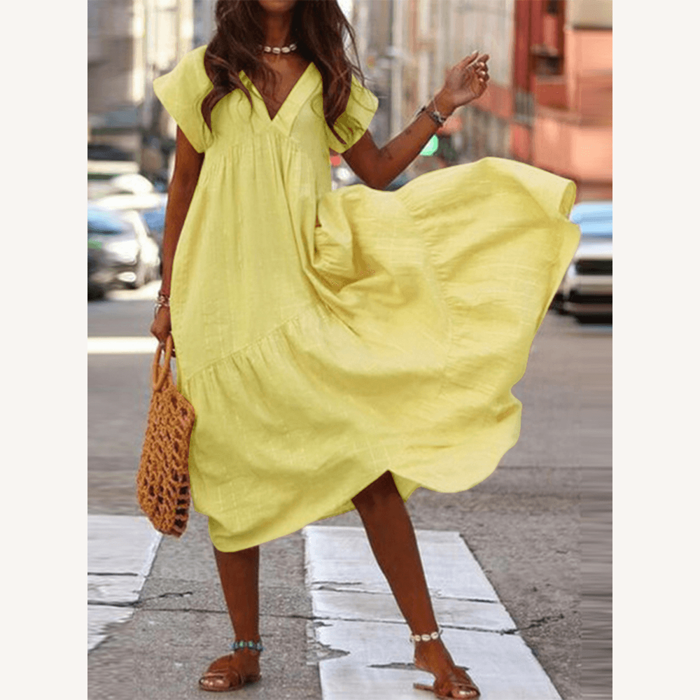 Robe Longue Femme Ample à Col en V – Tissu Léger en Rayonne et Polyester, Idéale pour Occasions Décontractées