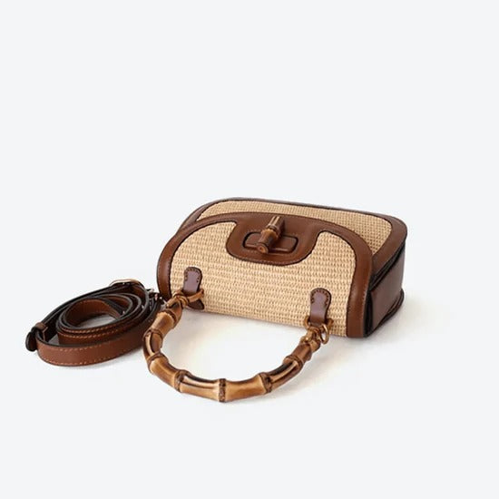 Sac à Main Femme en Paille Tissée avec Poignée en Bambou – Sac Bandoulière Brun Élégant et Pratique