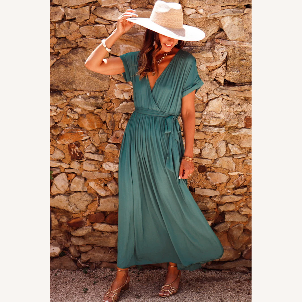 Elegant Women's Long Pleated Dress V-Neck Short Sleeves Dark Green Black - Chic Summer Evening Dress