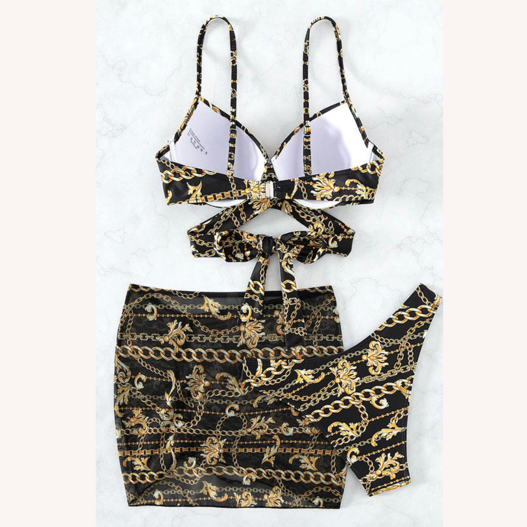 Bikini Femme Boho en Trois Pièces avec Imprimé Baroque et Détails à Lacets – Maillot de Bain Confortable pour l'Été