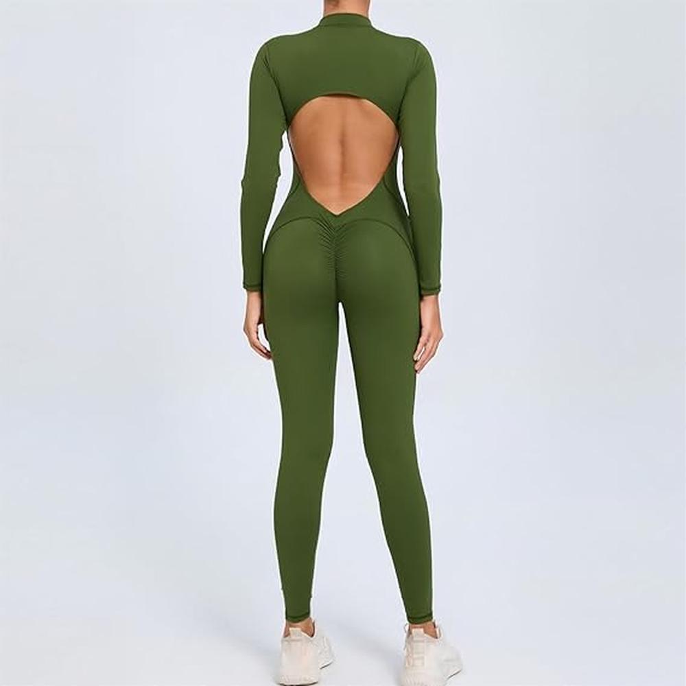 Combinaison Femme Chic Dos Nu avec Manches Longues et Détails Froncés – Silhouette Ajustée et Tissu Extensible