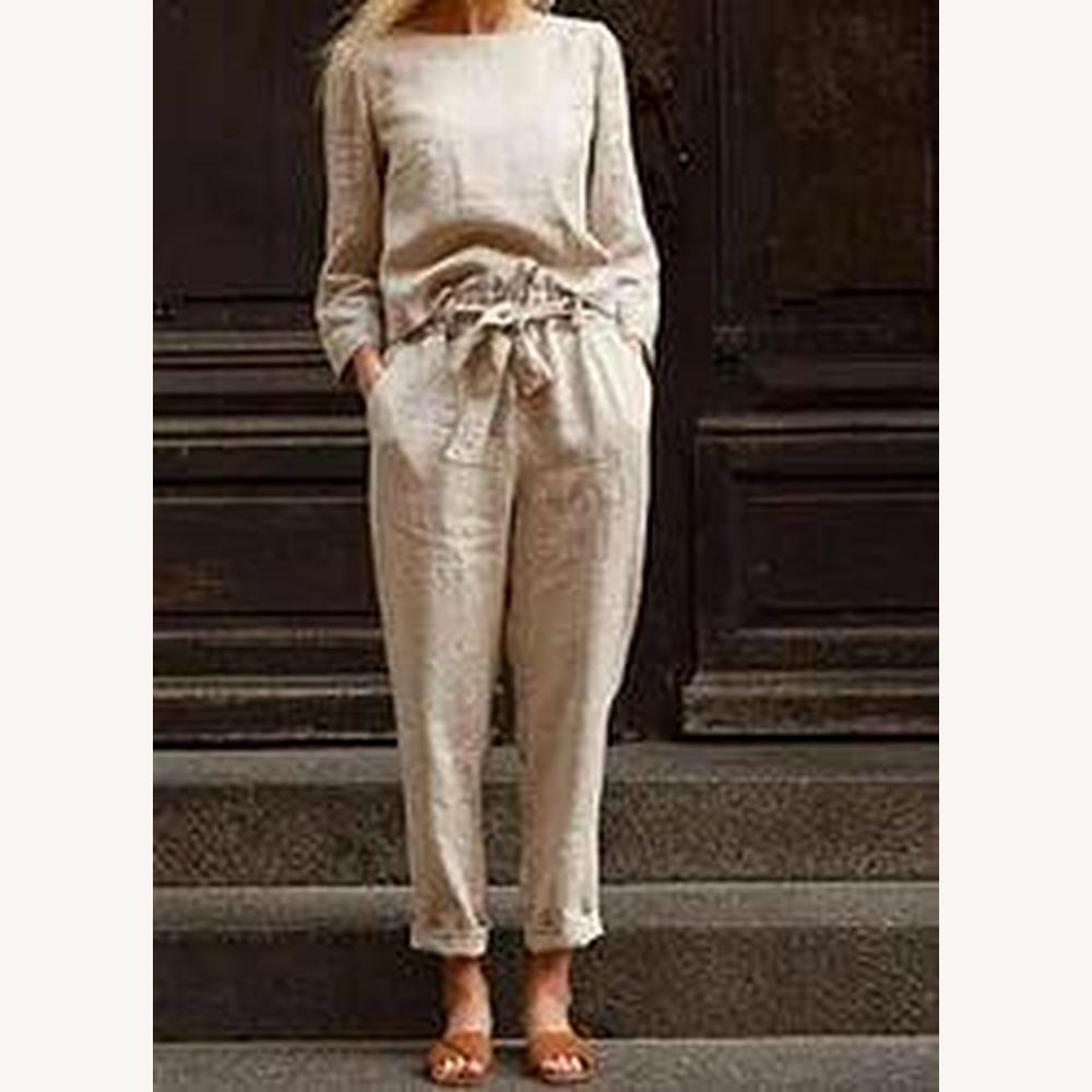 Ensemble Tailleur Femme en Lin Léger - Haut à Manches Longues et Pantalon Taille Haute Chic et Décontracté