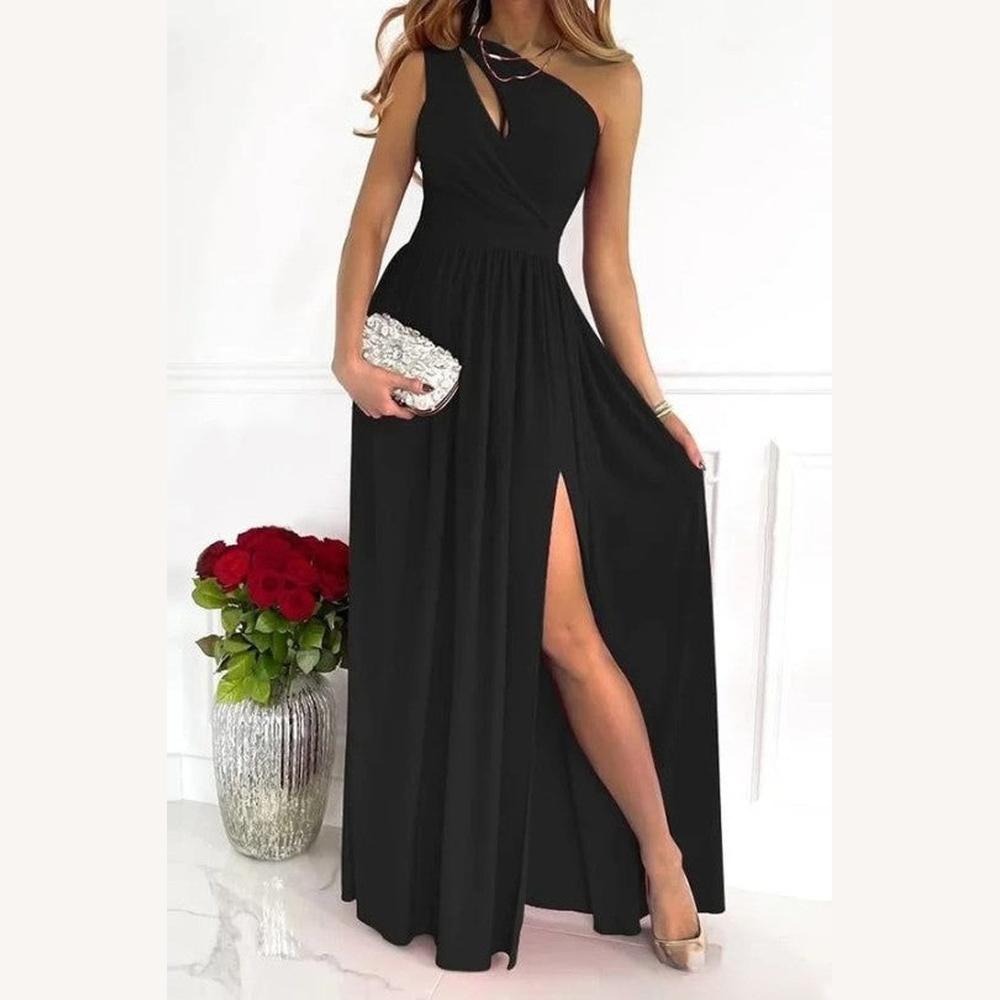 Chic Long Evening Dress with One Shoulder in Luxurious Fabric for Women - Fluid and Elegant Silhouette