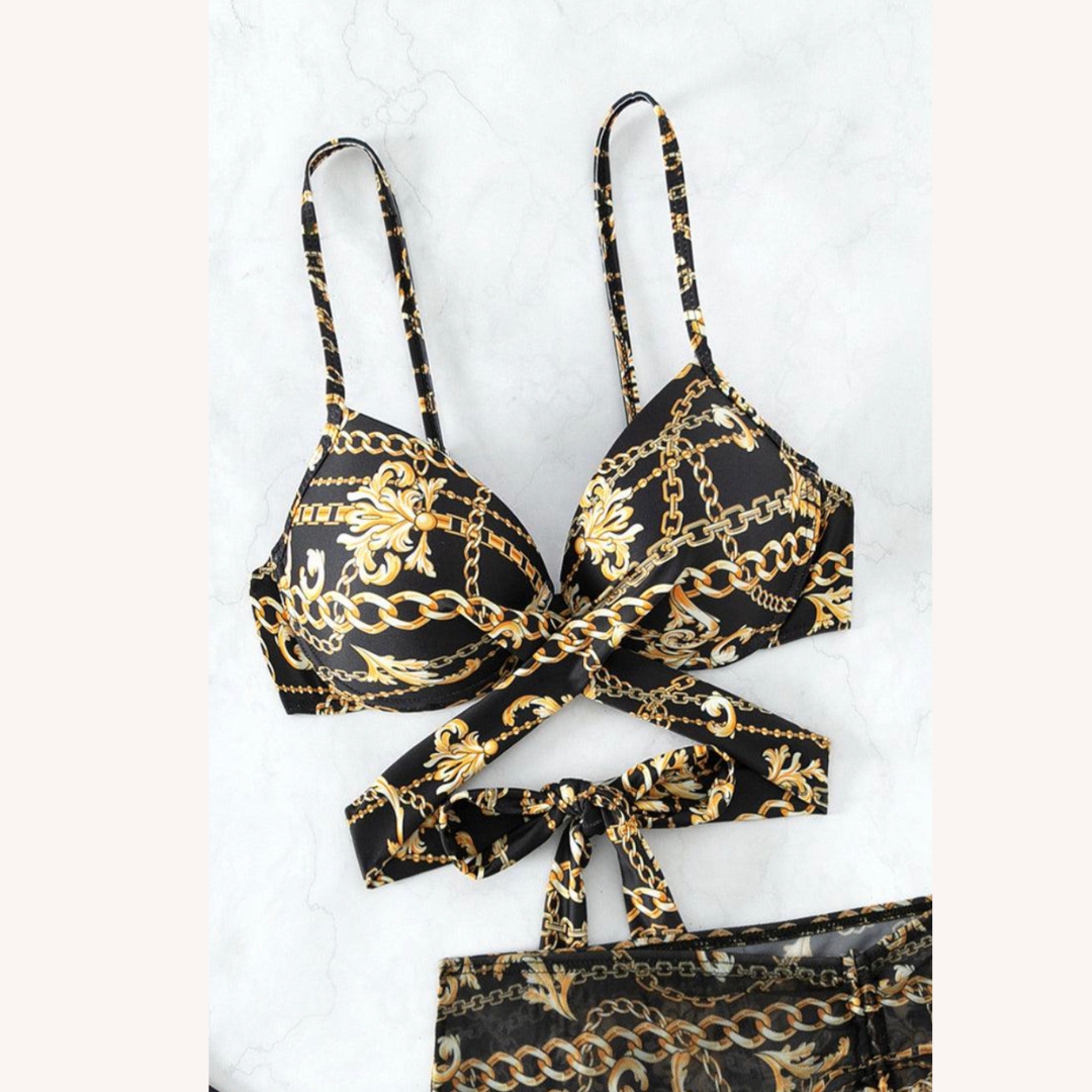 Women's Boho Three-Piece Bikini with Baroque Print and Lace-Up Details – Comfortable Swimsuit for Summer