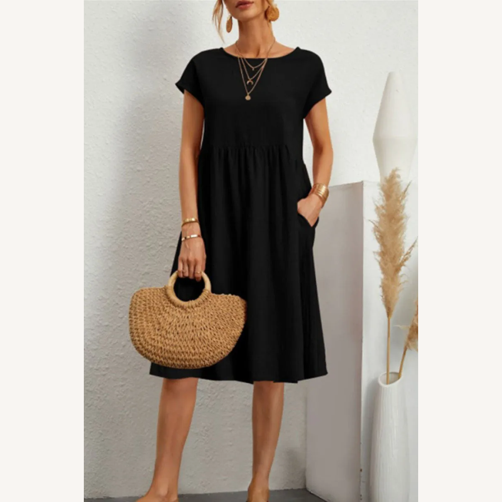 Robe Femme Décontractée à Manches Courtes en Patchwork Uni – Silhouette Trapèze Élégante en Coton