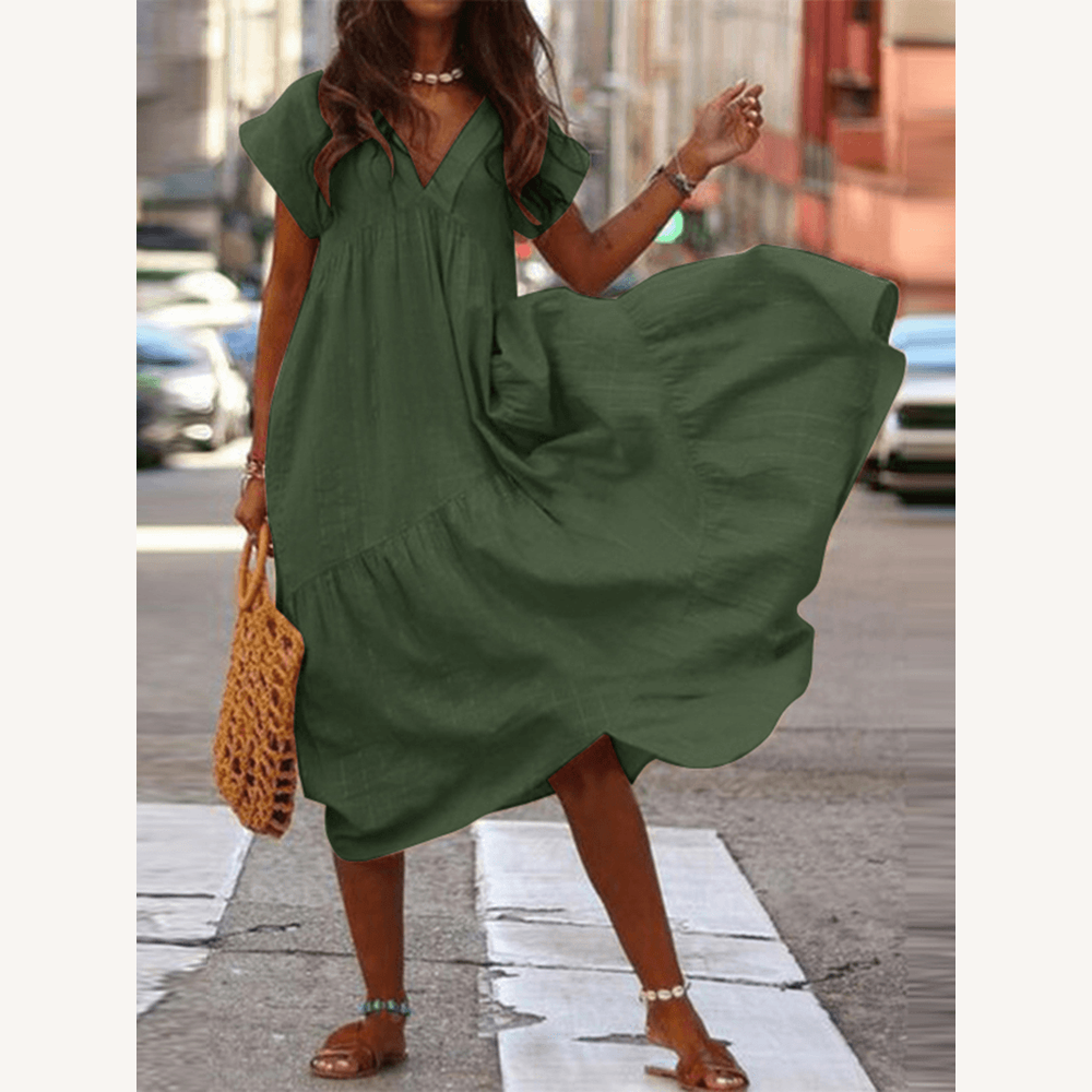 Robe Longue Femme Ample à Col en V – Tissu Léger en Rayonne et Polyester, Idéale pour Occasions Décontractées