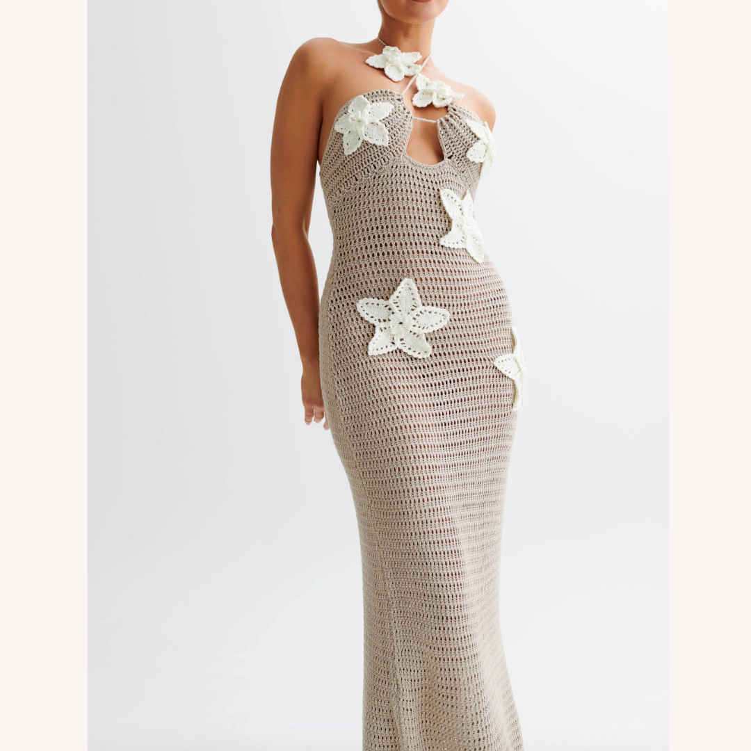 Robe Longue Femme en Crochet Bleu – Élégante Robe Maxi Bohème d'Été avec Détails Flottants