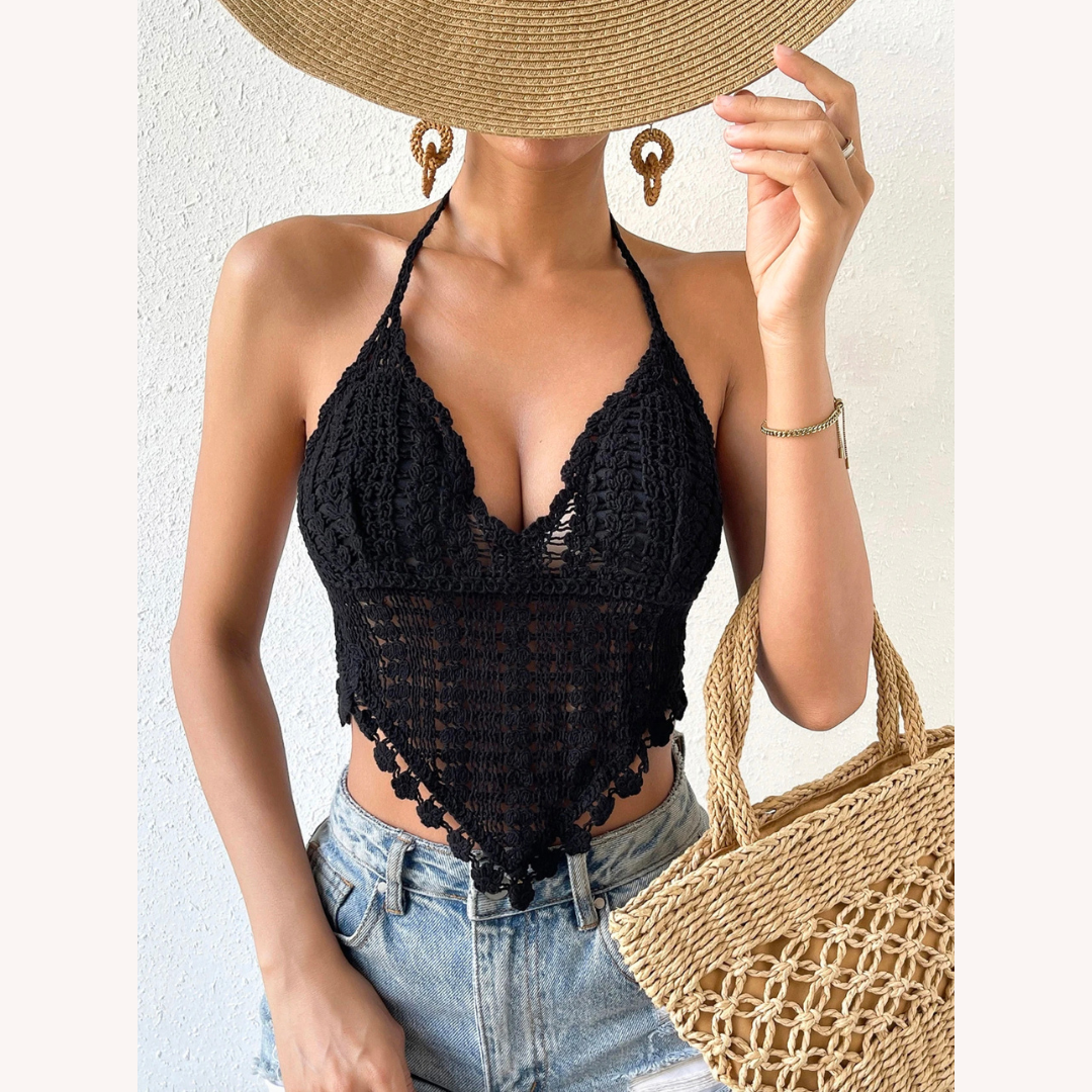 Haut d'Été Boho Chic en Crochet pour Femme à Dos Nu – Top Léger avec Sangles et Support Amovible, Idéal pour les Journées Ensoleillées