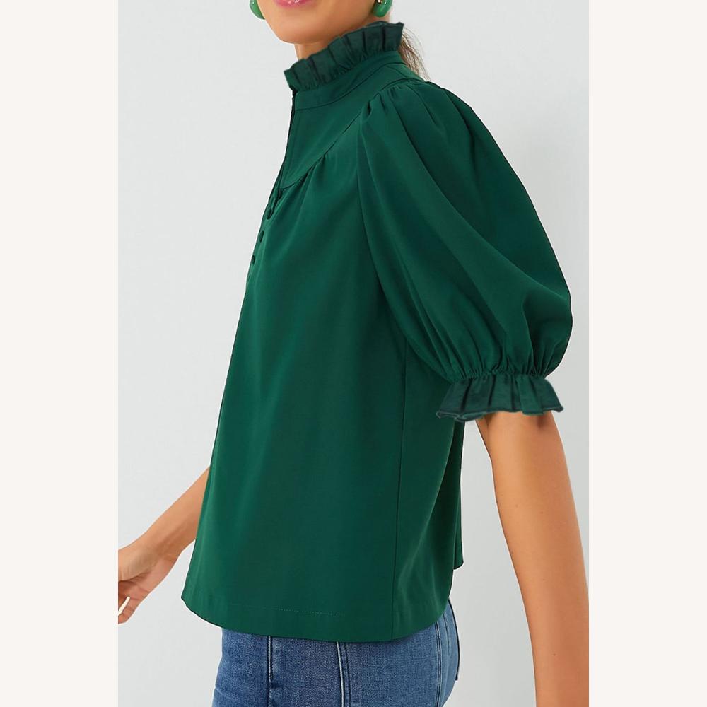Blouse Femme Élégante à Volants Vert Foncé, Manches Bouffantes, Col Montant, Coupe Ajustée
