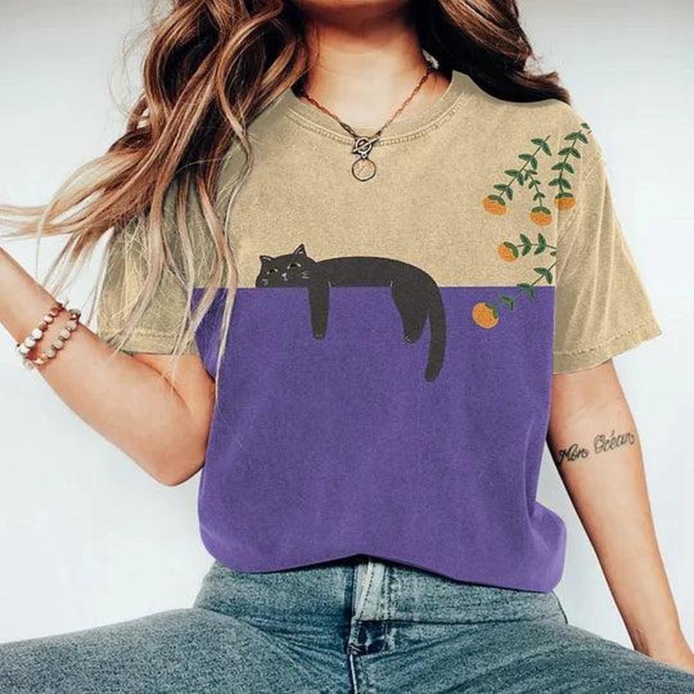 Tee Shirt Femme Décontracté Imprimé Chat Noir en Coton Doux – Style Bicolore, Coupe Ample, Idéal pour le Quotidien
