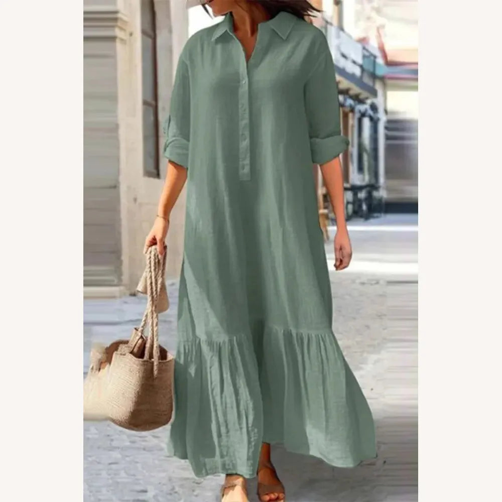 Casual Vintage Long Dress for Women with Turn-Down Collar and Solid Buttons - 100% Cotton, Available in S to XL