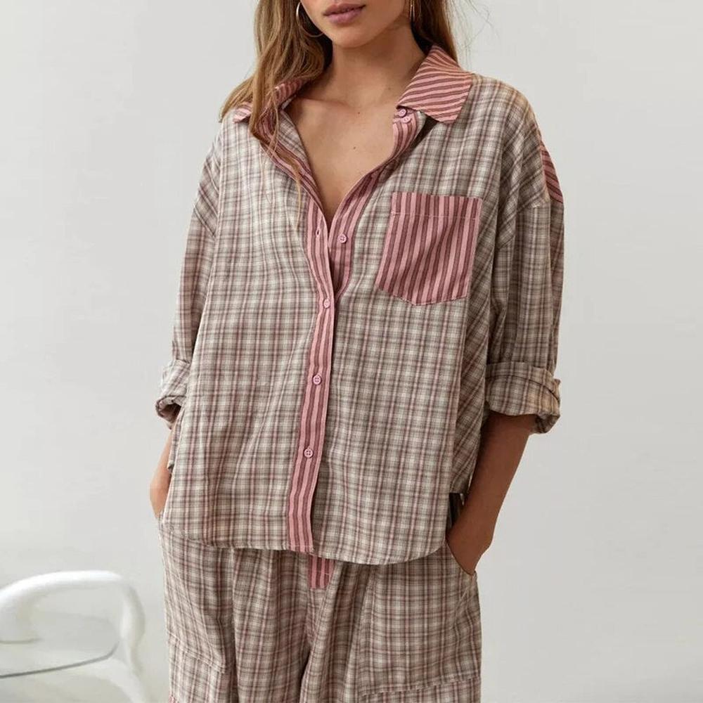 Pyjama Femme Hiver Rayé en Coton et Polyester – Ensemble Chaud et Décontracté pour Détente à la Maison
