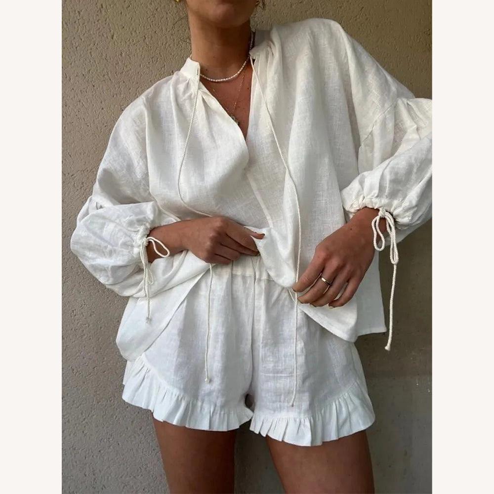 Ensemble Femme en Lin Léger avec Haut Ample à Cordon et Short à Volants – Idéal pour l'Été