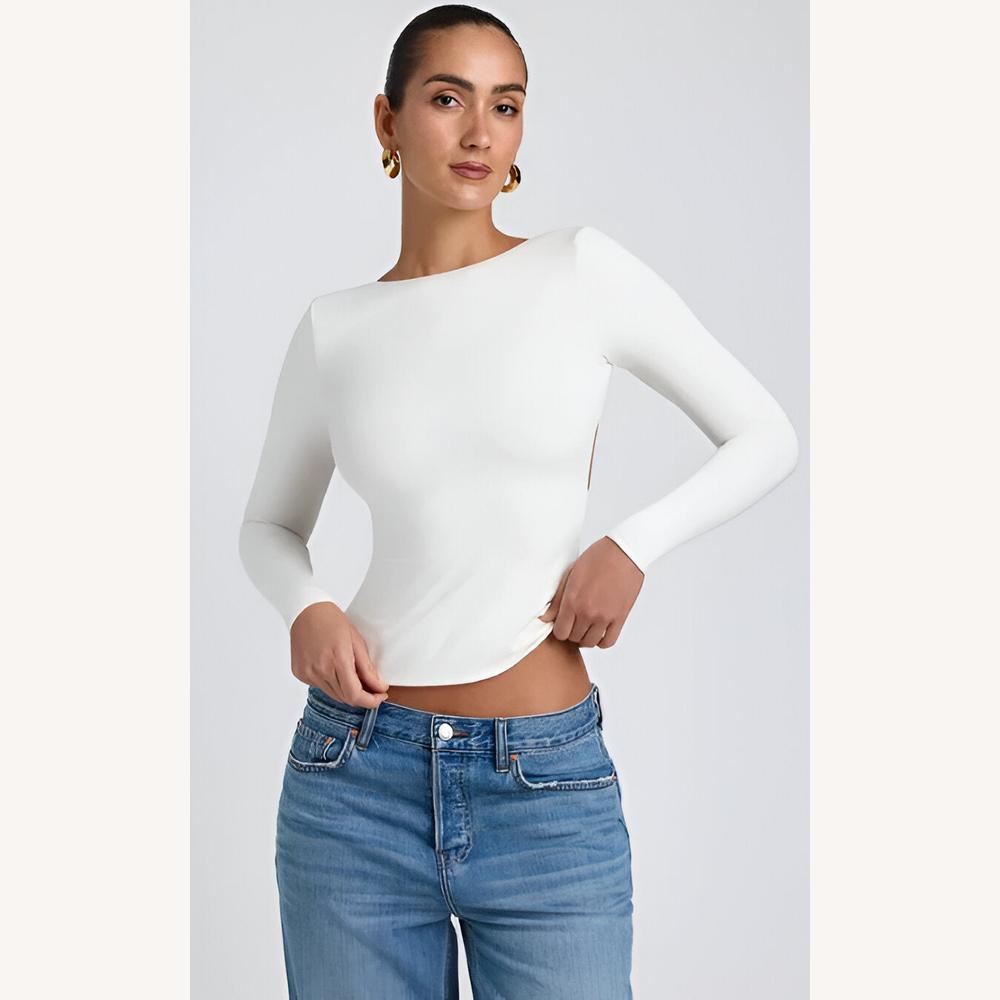 Haut Dos Nu Élégant Femme – Top Blanc à Manches Longues, Style Minimaliste pour Toutes Occasions
