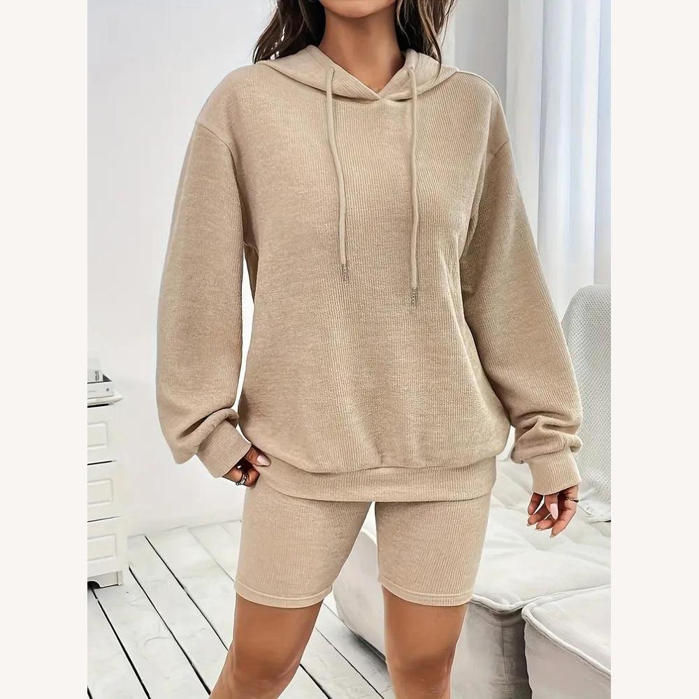 Ensemble Sweat à Capuche Oversize en Coton Côtelé et Short Ajusté – Confort et Style Casual pour Femme
