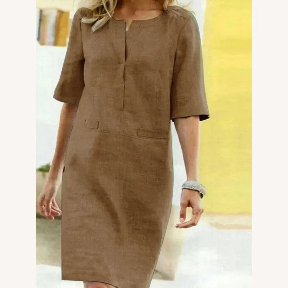Robe Femme à Manches Courtes en Coton Mélangé – Élégance Décontractée pour Printemps Été