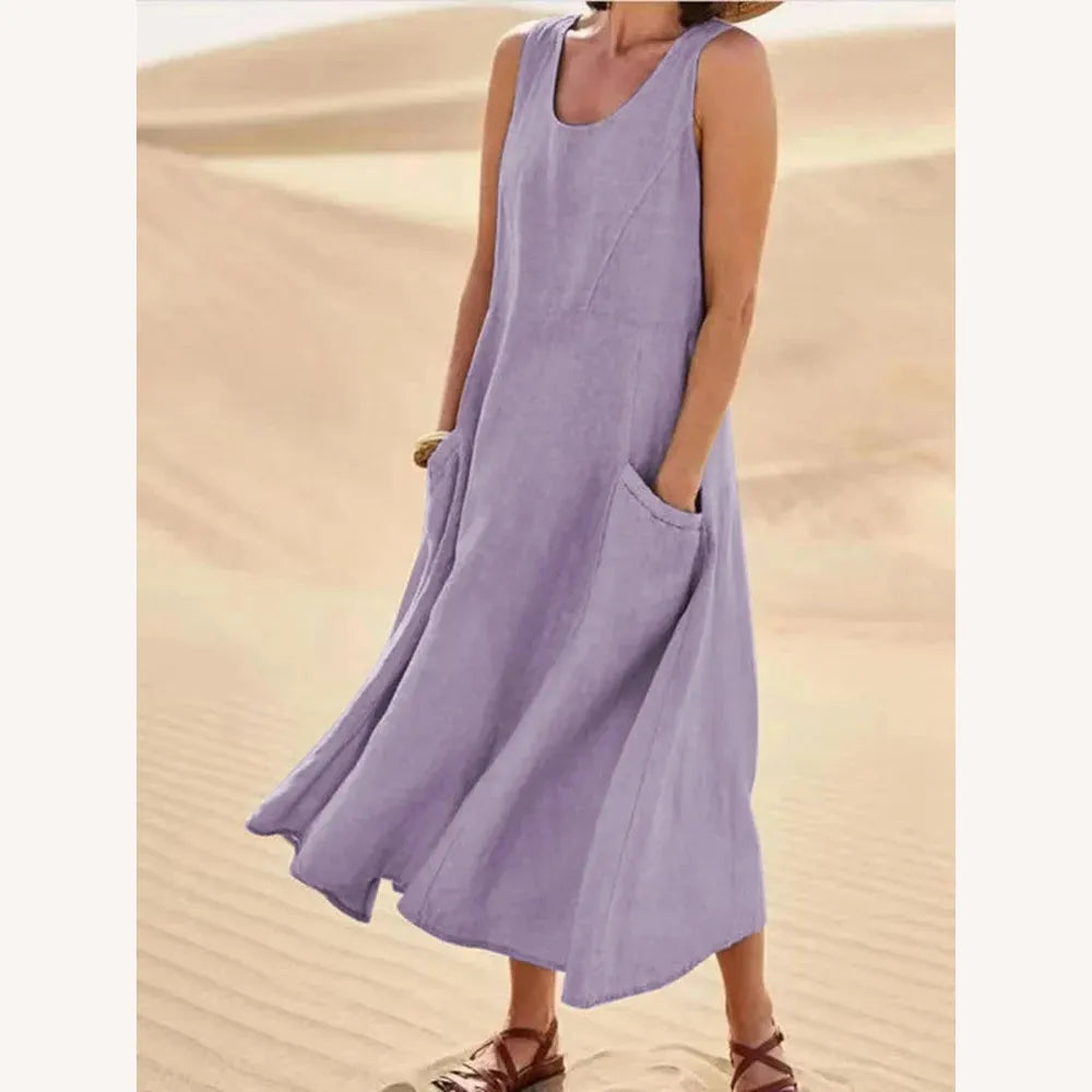 Robe Longue Femme Sans Manches en Coton et Lin avec Poches - Confort et Élégance d'Été