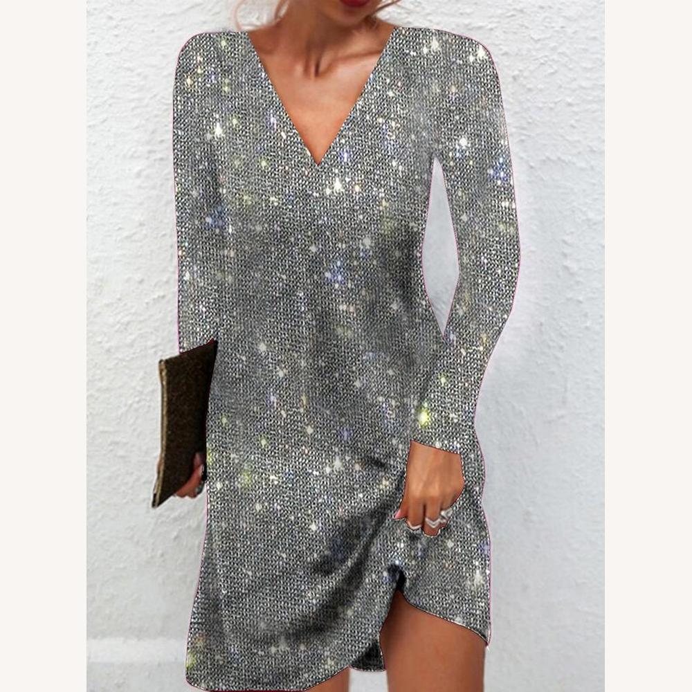 Mini-Robe Argentée Femme à Manches Longues et Décolleté en V – Élégante Robe de Soirée pour Événements Formels