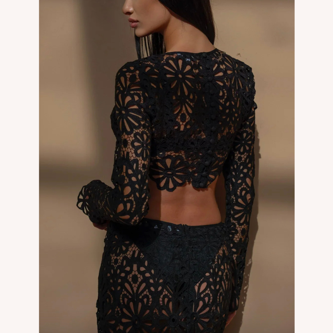 Ensemble en Dentelle Crochet Blanc Femme – Top Court à Manches Longues et Jupe Maxi Boho Chic