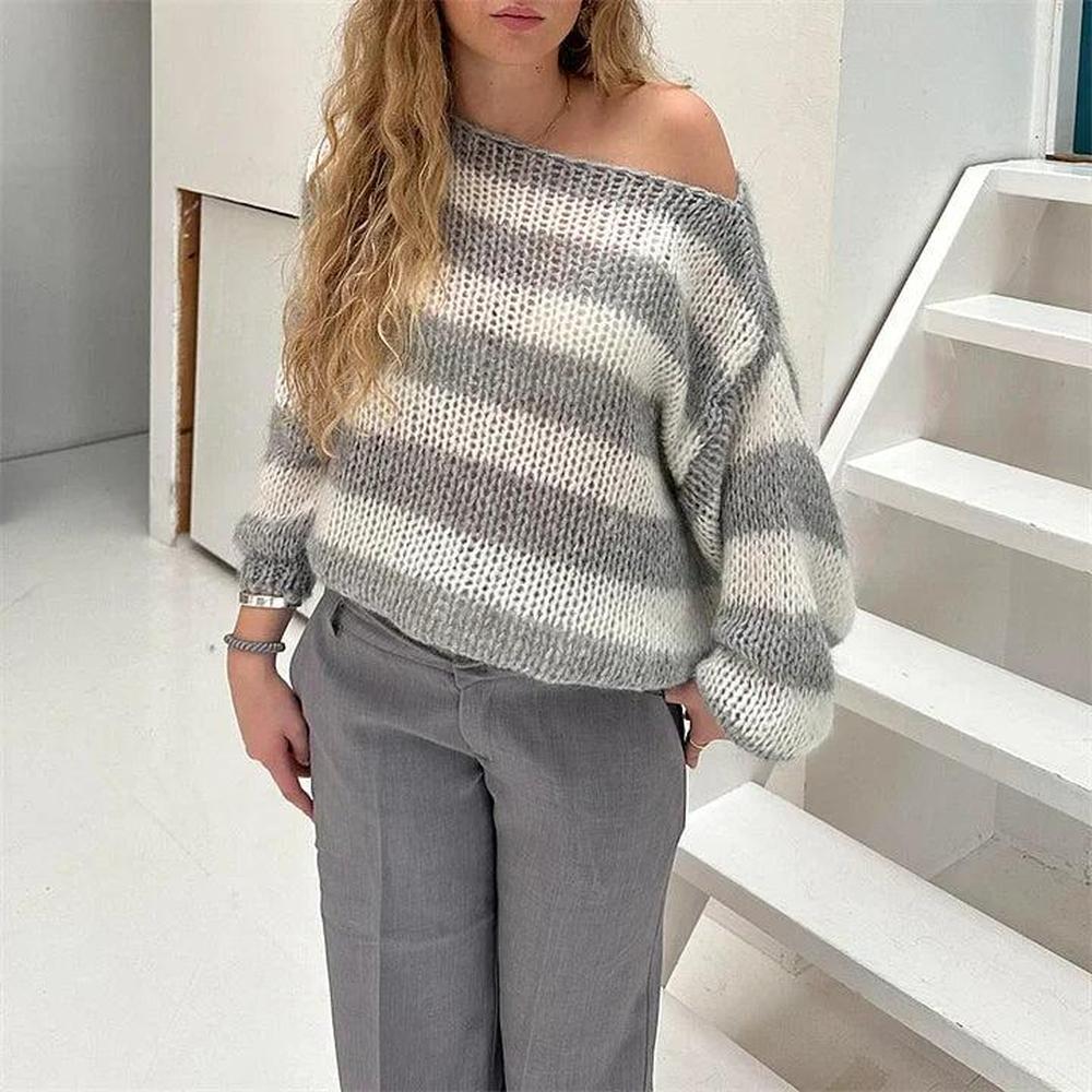 Pull Femme en Maille Rayé Confortable, Coupe Décontractée en Acrylique – Disponible en Plusieurs Tailles et Couleurs