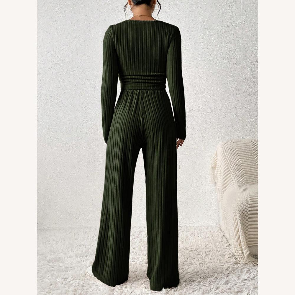 Ensemble Lounge Côtelé 2 Pièces Femme – Top Court Manches Longues et Pantalon Large Taille Haute Beige