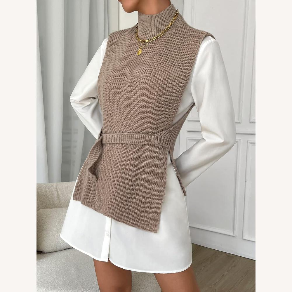 Pull Femme Sans Manches Col Roulé en Maille Côtelée – Élégant et Chaud, Idéal pour Superposition