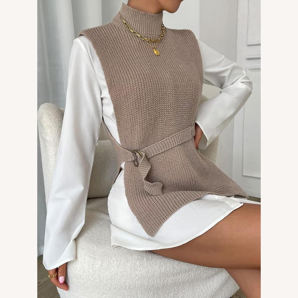 Pull Femme Sans Manches Col Roulé en Maille Côtelée – Élégant et Chaud pour Superposition, Taille S à XL