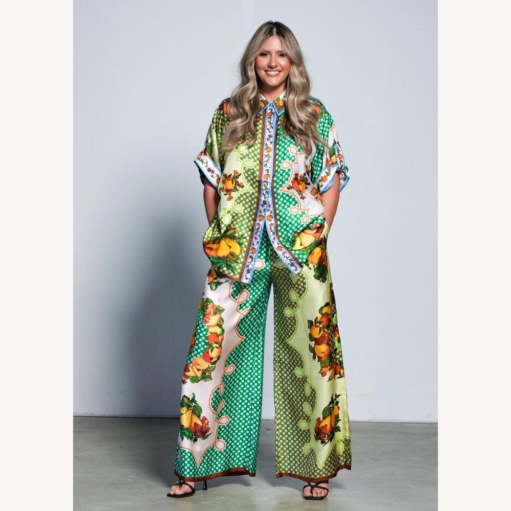Ensemble d'Été Femme Imprimé Coloré – Chemise Ample et Pantalon Large Taille Haute pour Look Décontracté