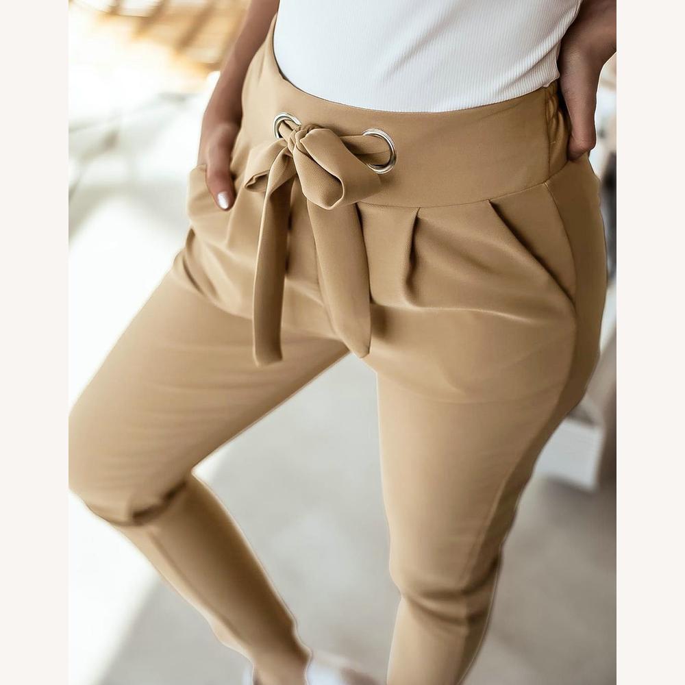 Pantalon Femme Taille Haute Décontracté en Polyester et Spandex – Confort et Élégance, Disponible en Plusieurs Couleurs