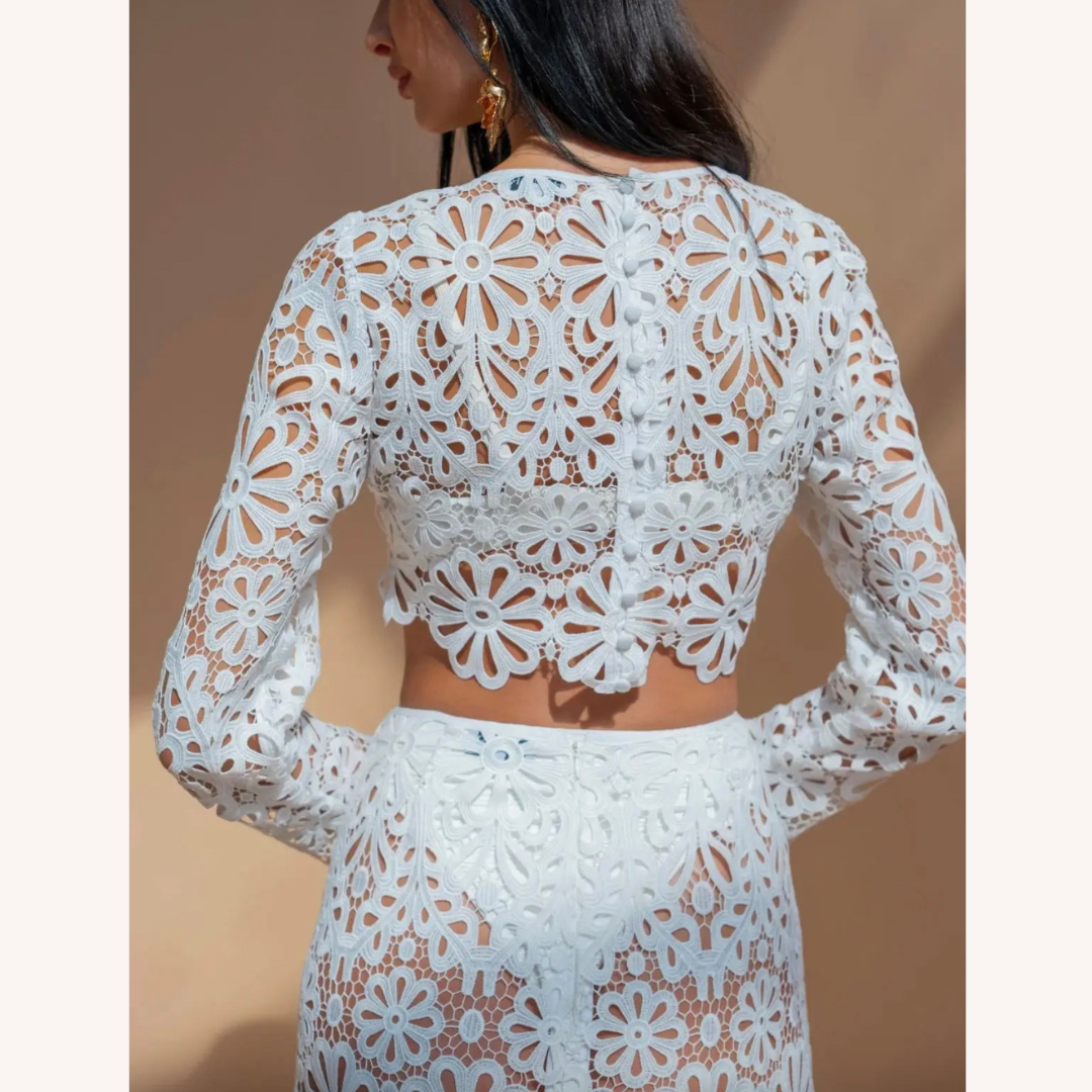 Ensemble en Dentelle Crochet Blanc Femme – Top Court à Manches Longues et Jupe Maxi Boho Chic