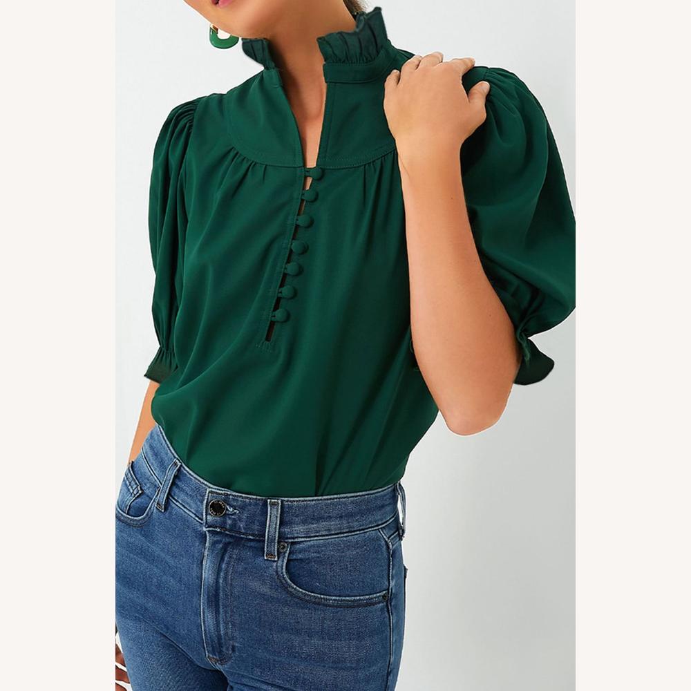Blouse Femme Élégante à Volants Vert Foncé, Manches Bouffantes, Col Montant, Coupe Ajustée