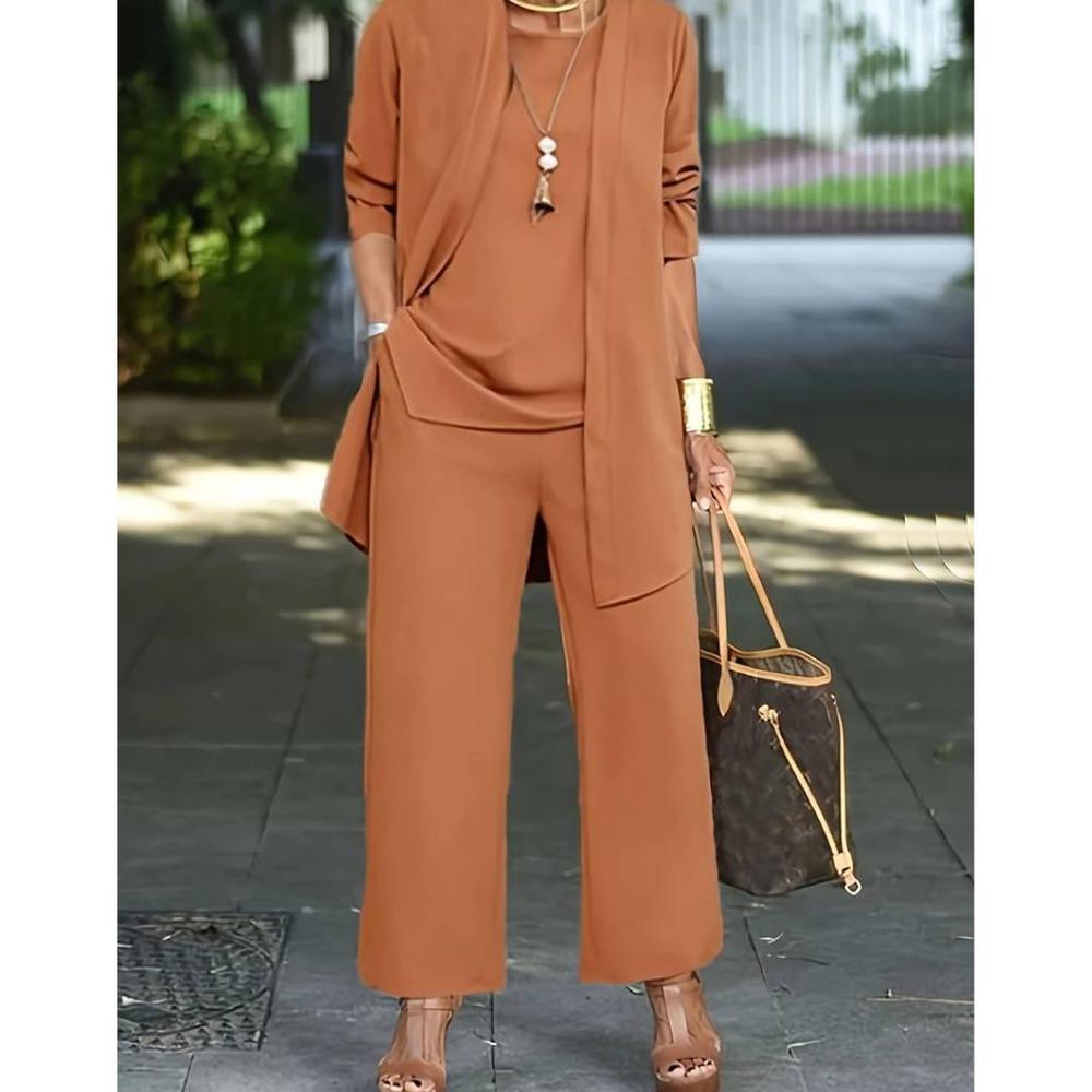 Ensemble Tailleur Femme Trois Pièces en Polyester – Cardigan, Top Chic et Pantalon Large, Confortable et Élégant