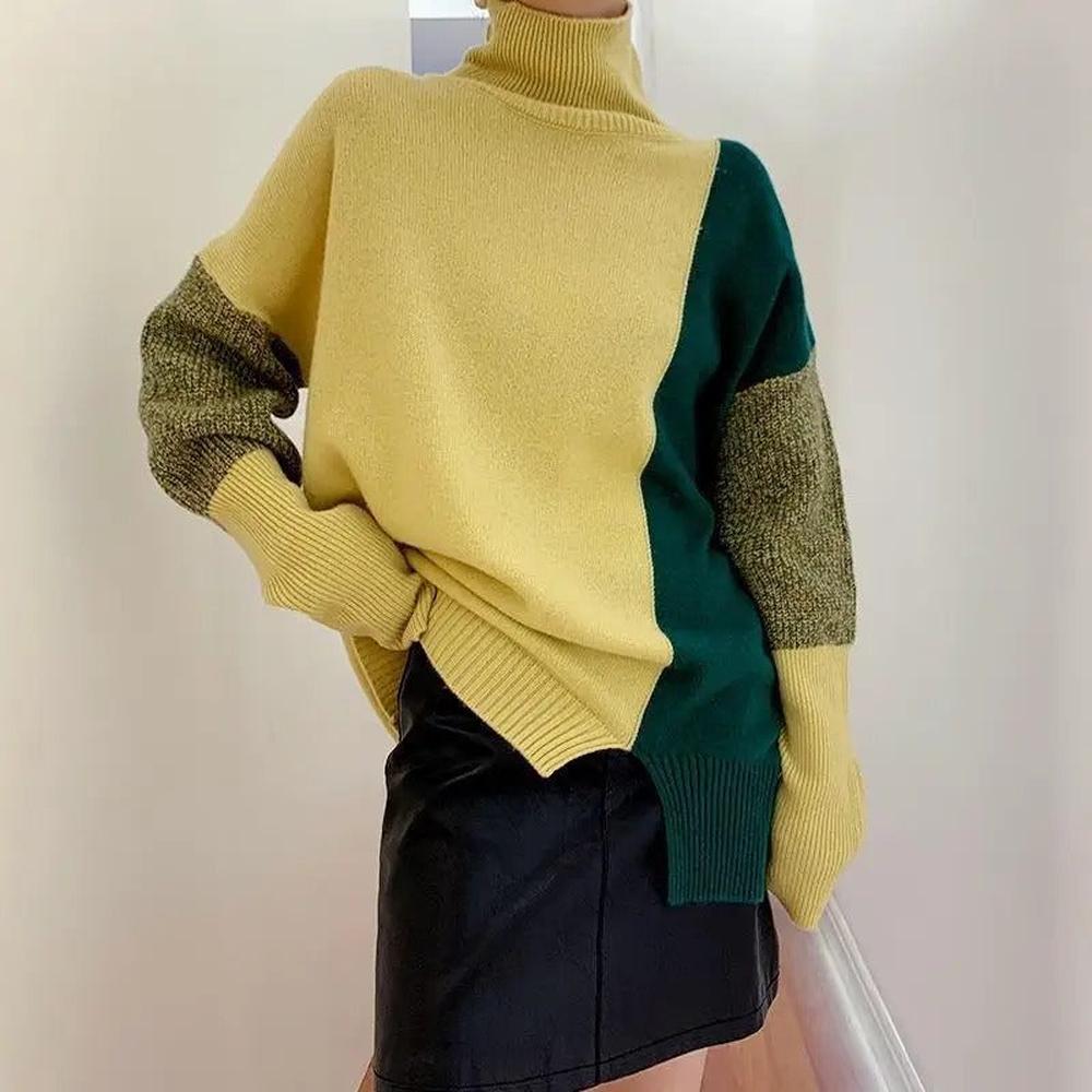 Pull Femme Col Roulé Color Block Douillet en Maille – Chic et Moderne pour un Style Décontracté