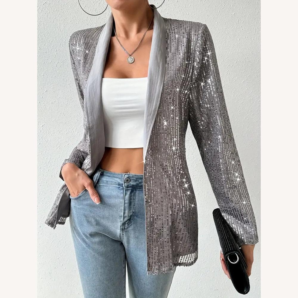Blazer Femme Léger à Sequins Gris – Élégant et Chic pour Soirées Festives, Coupe Structurée, Disponible en S, M, L, XL