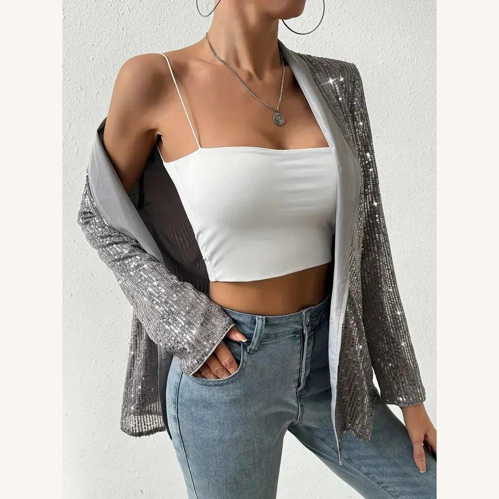 Blazer Femme Léger à Sequins Gris – Élégant et Chic pour Soirées Festives, Coupe Structurée, Disponible en S, M, L, XL